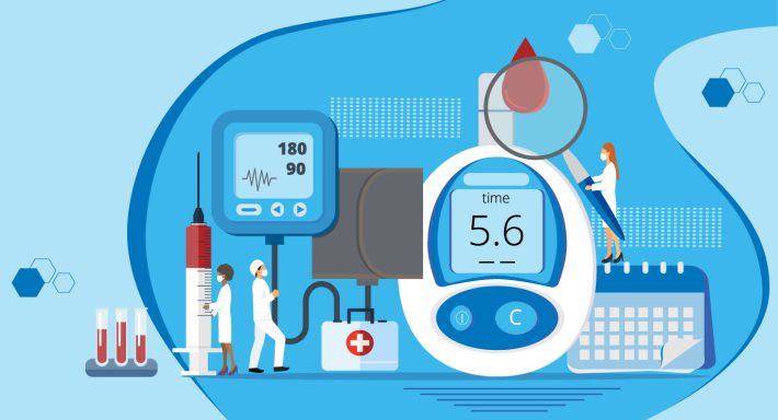 Diabetes monitoring equipment with results, lab tools, and medical professionals.