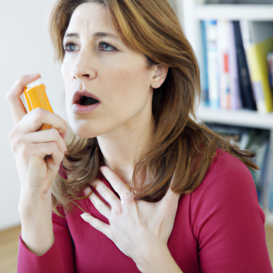 Woman using an inhaler while exhibiting signs of distress and shortness of breath.