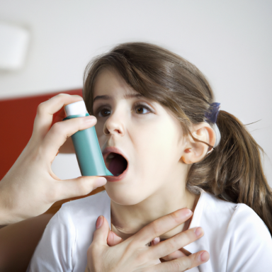 A child using an inhaler while a caregiver assists.