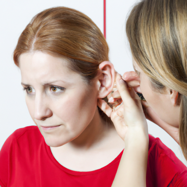 A woman with red hair receives an ear examination from another person.