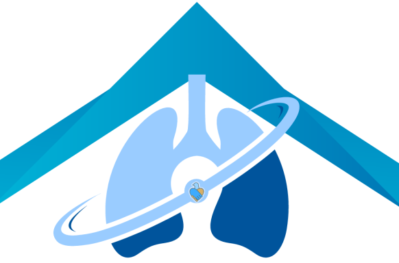 Stylised logo featuring lungs and a protective shield, set against a triangular background.
